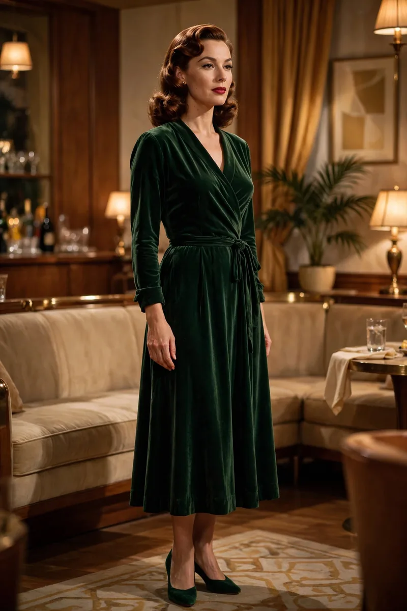The model in the silk velvet wrap dress in a candlelit cocktail setting