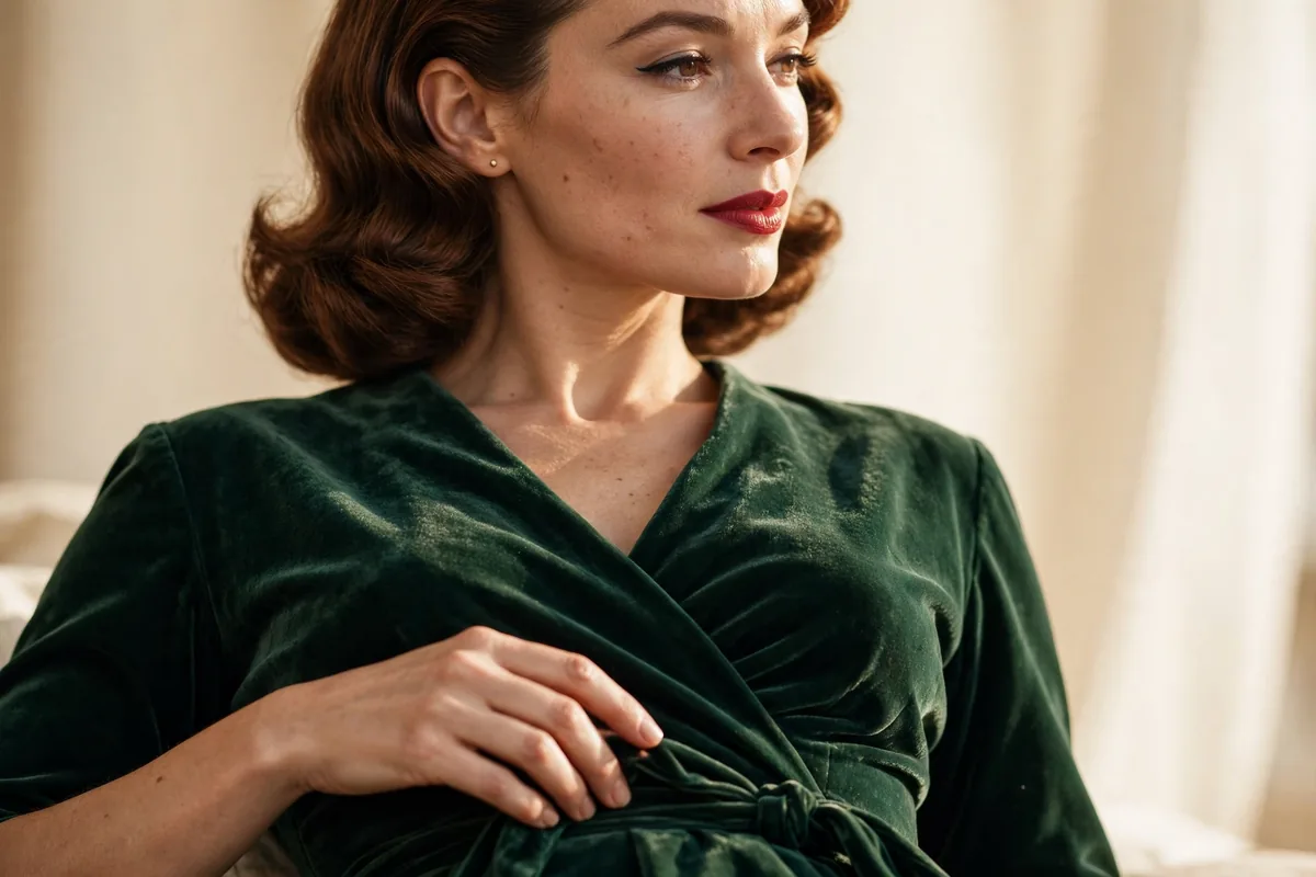 Close view of the wrap waist tie and V-neckline in silk velvet