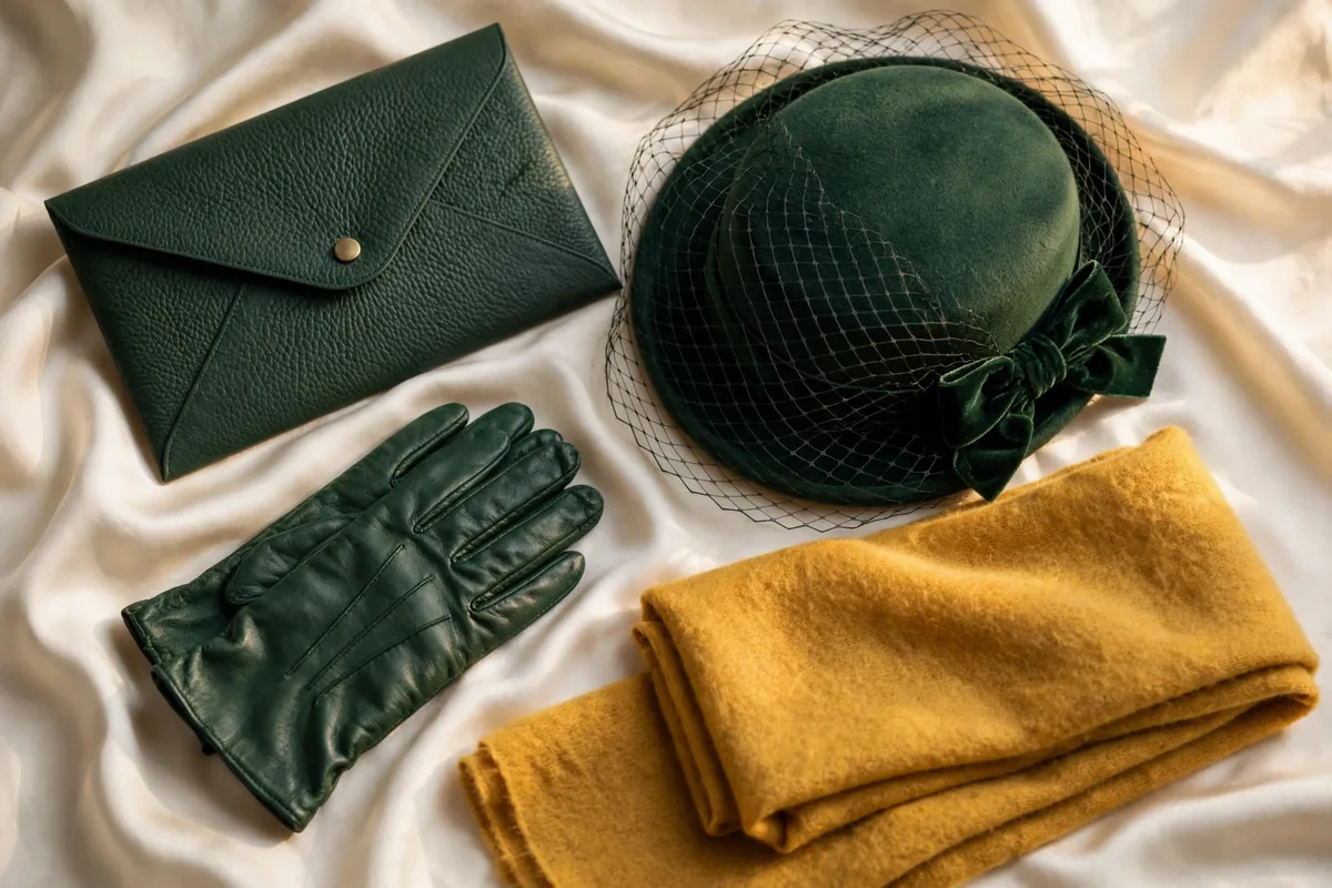 Still life of the handbag, cocktail hat and gloves arranged on cream silk