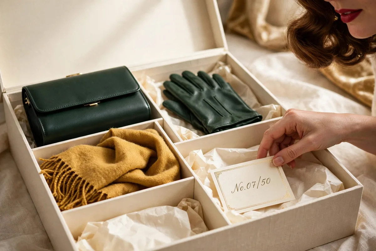 The presentation gift box opened, showing the six pieces in compartments with a numbered card