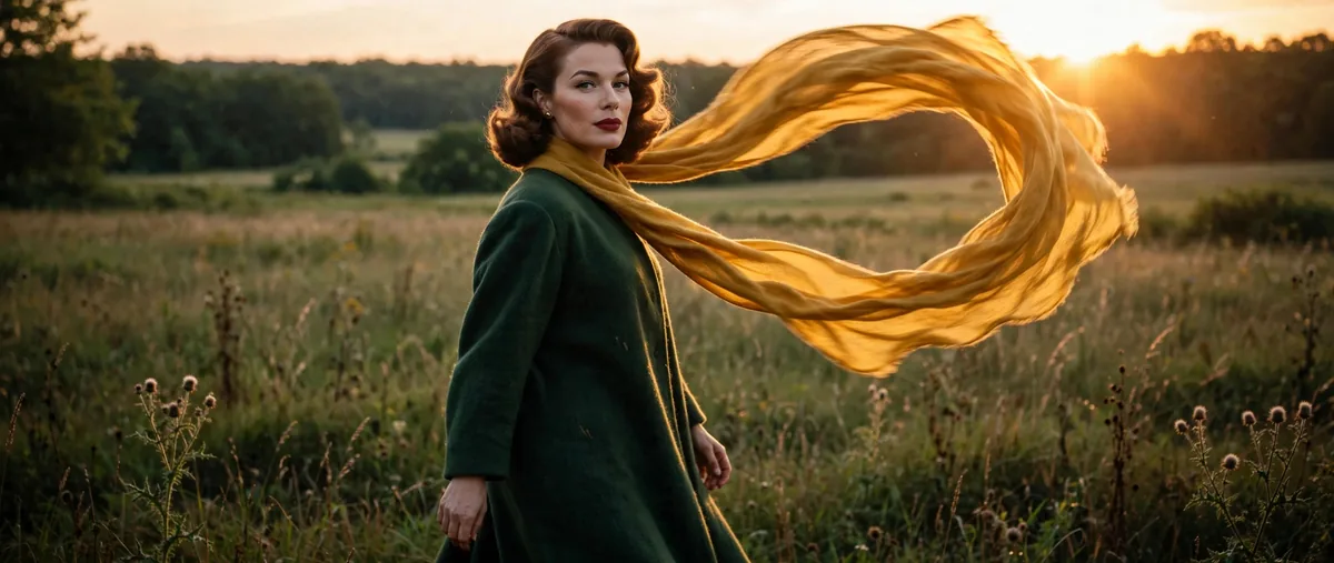 The mustard wheat cashmere scarf caught mid-motion against the forest green coat