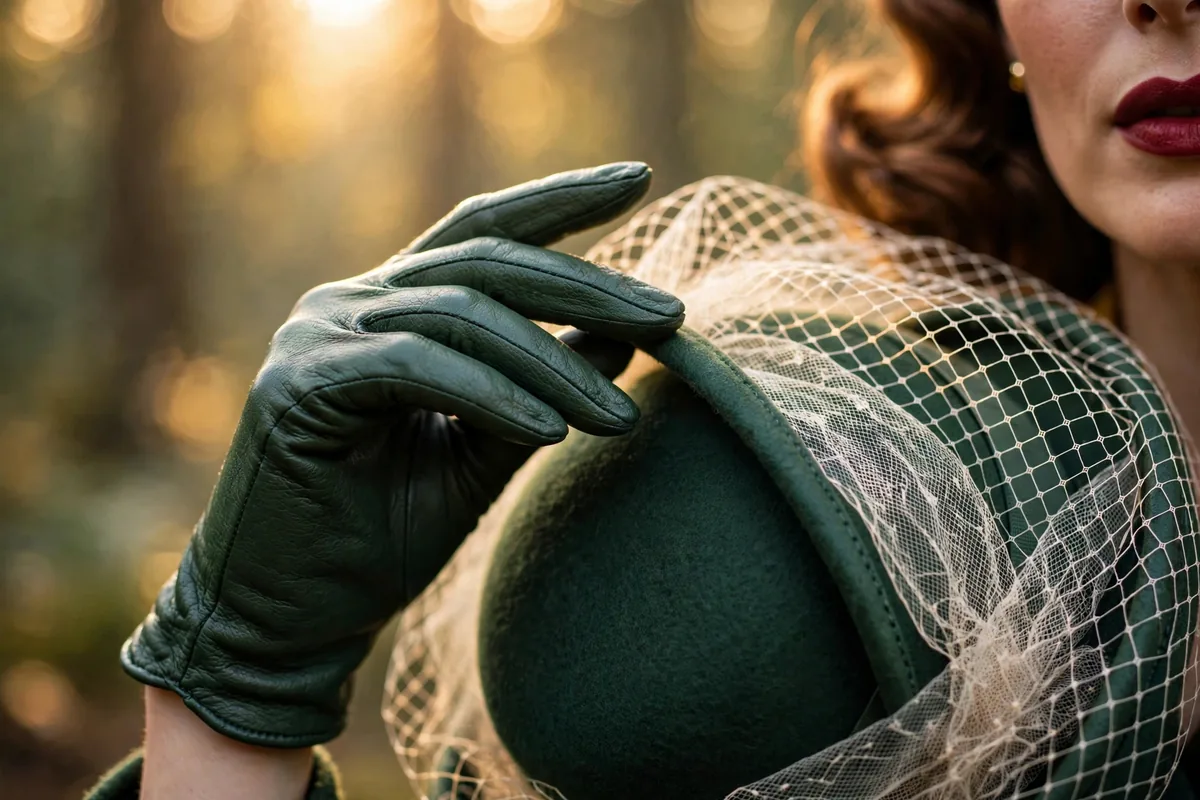 Gloved hand touching the brim of the hat, showing the leather grain