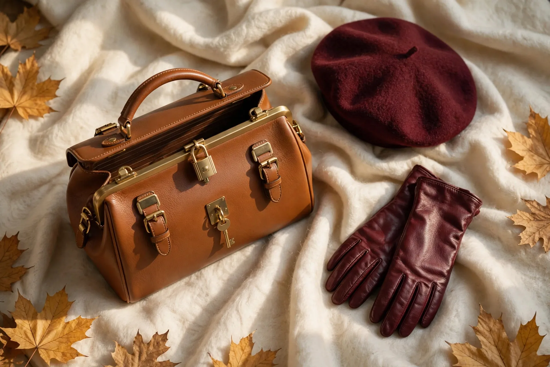 Autumn capsule accessories: doctor bag, beret, leather gloves