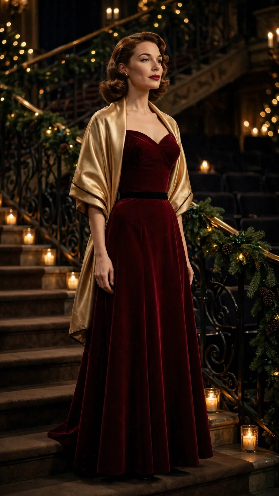 Christmas atelier: model in a burgundy velvet evening gown