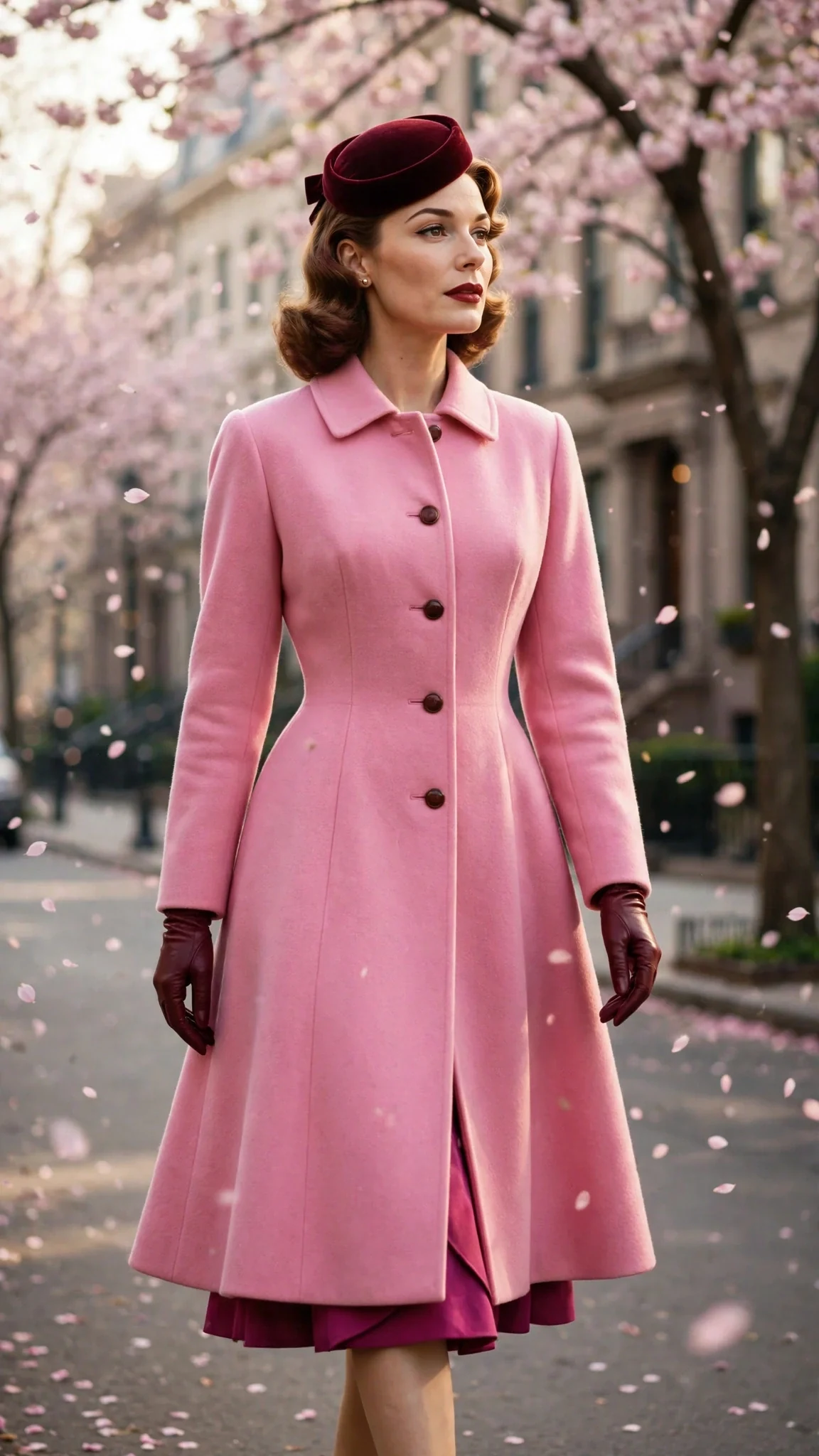 Spring capsule: model in a bubblegum pink swing coat over a magenta wrap dress