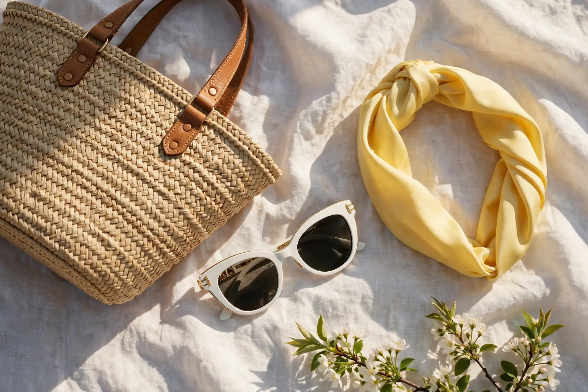 Summer capsule still life with woven tote and lemon scarf